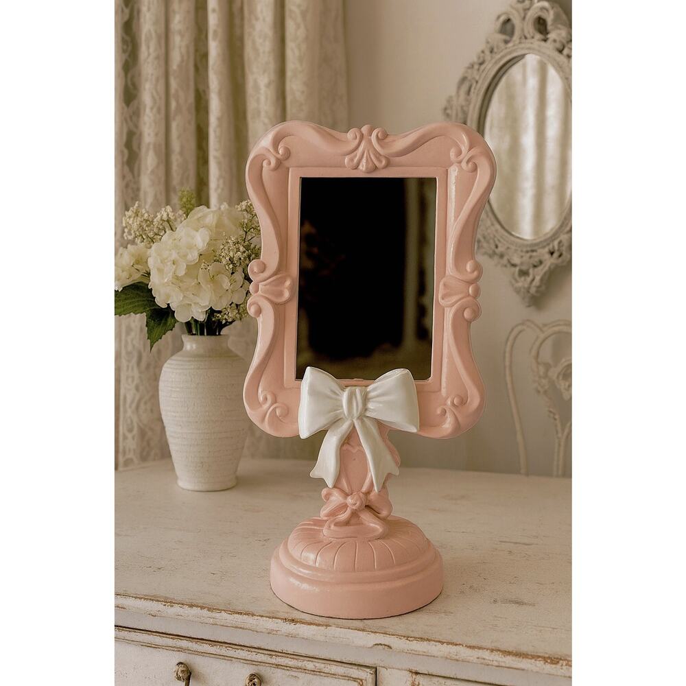 White Vanity Bow Mirror Shabby Chic Home Decor Table Top Barbie Vintage Style